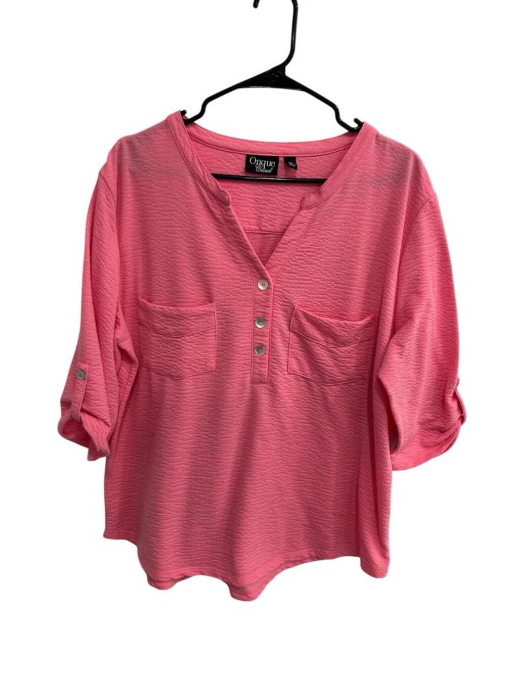 Onque Large Pink Textured V-Neck Top Roll Tab Sleeves Soft Girl Minimalist